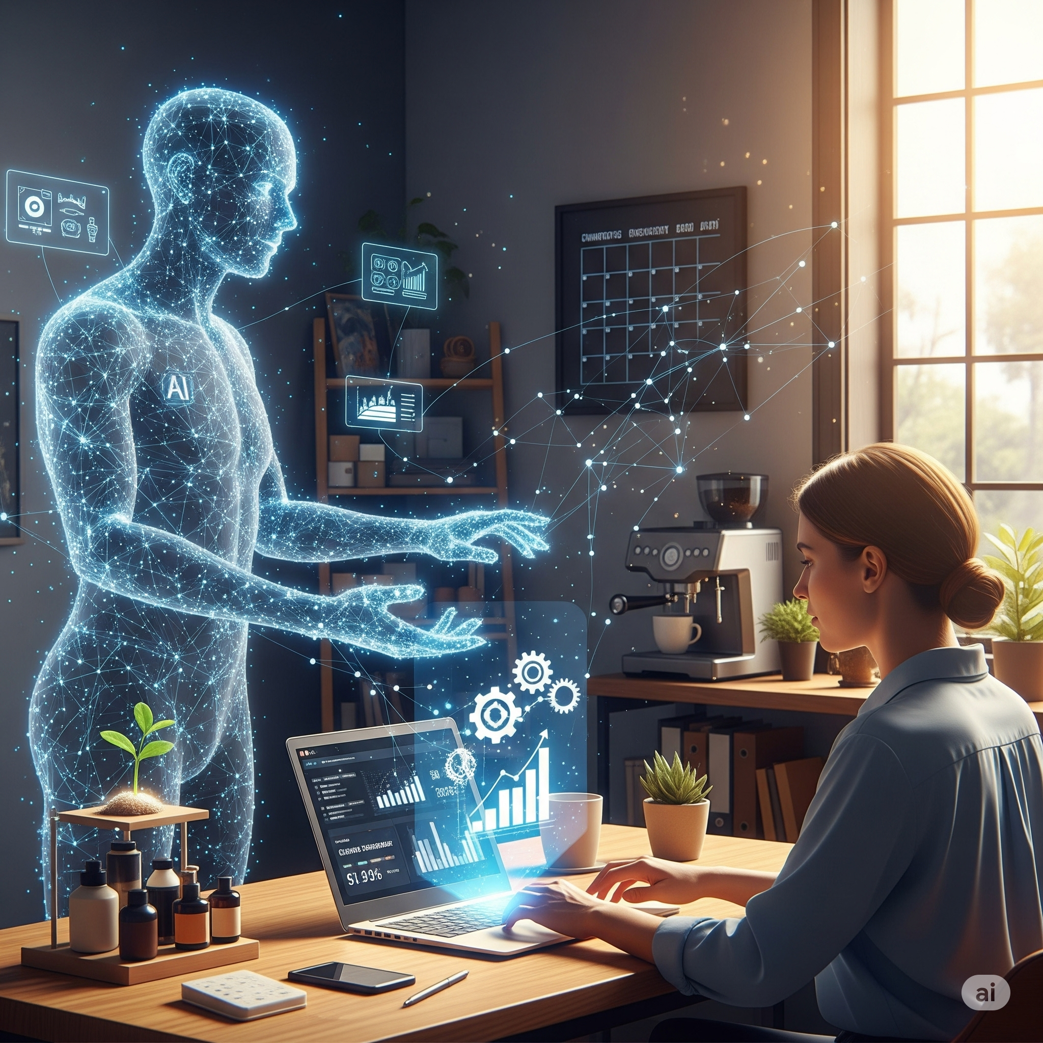 AI Assistant hologram in front of business worker at desk.